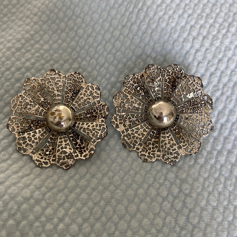 Sarah Coventry Large Filigree Flower Earrings, Silver Tone, 1960s Vintage